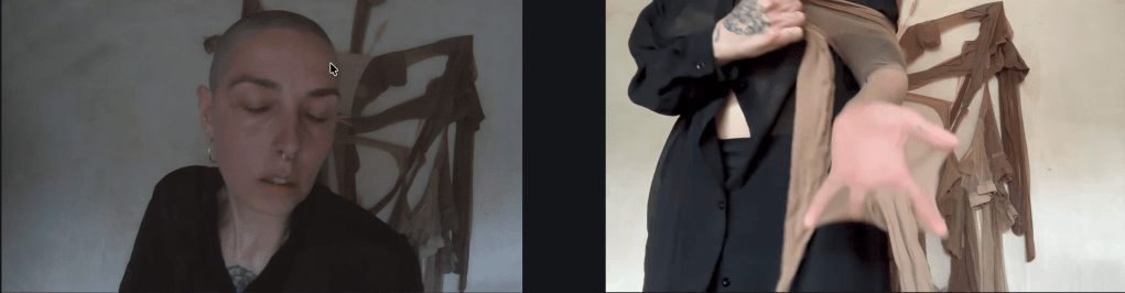 Screenshot from Dyana Gravina’s emergent performance during "Artists Talk with artist Dyana Gravina", a Feminist Lecture Program x SLQS Gallery collaboration, June 17th, 2026.